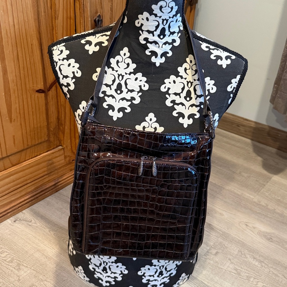 BRIGHTON Croc-Embossed Deep Brown Shiny Leather Shoulder Bag with Heart Charm